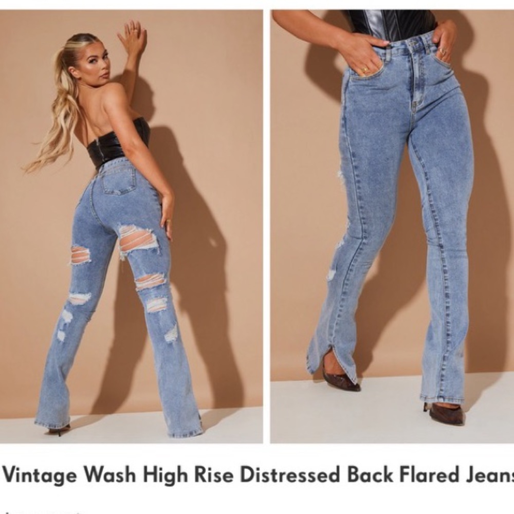 Pretty Little Thing Vintage Wash High Rise Distressed Back Flared Jeans